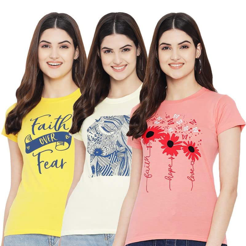 Image of Preneum Women's Cotton Regular Fit Graphic Stylish Printed Short Sleeves Casual T-Shirt || Trend & Style (Pack 3)