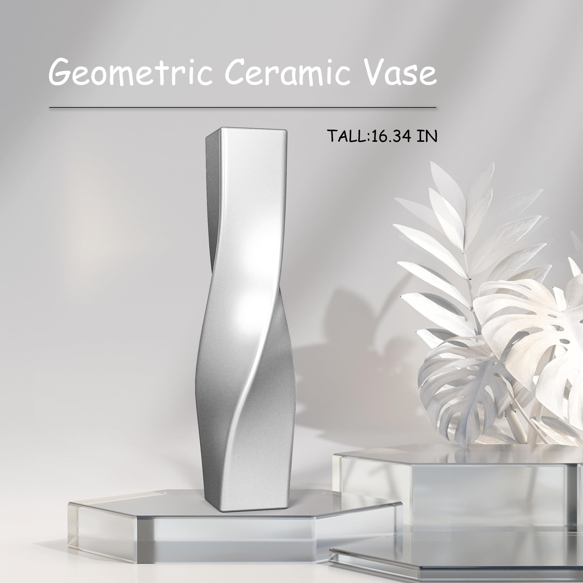 Tall Silver Ceramic Vase, Tall Slender Vase 16.34 in Tall, Twisted Geometric Vase for Home, Living Room, Flower Centerpieces, Shelf, Table, Decor, Creative Unique Decorative Vase