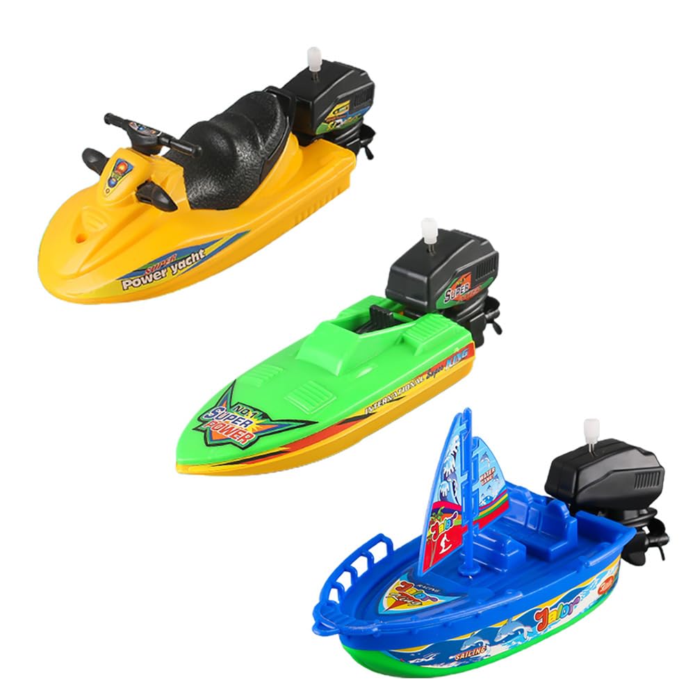 Wind-up Boat Toy Set, Pull & Go Speedboat, Sailboat & Motorboat Model Toy