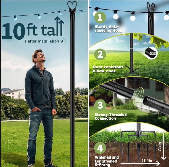 Ottsuls 4 Pack String Light Poles, 10FT Outdoor String Light Poles with Fork and Fixing Clamp, Metal Lighting Poles for Outside,Patio, Backyard,Deck, Garden Wedding,Party Decor