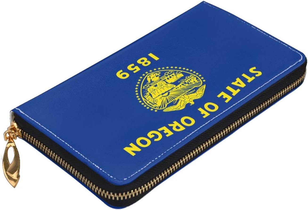 Oregon State Flag Long Zip Around Wallet for Women, Large Capacity RFID Leather Wristlet Wallet with 12 Card Slots Coin Purse, Fashion Clutch Purse with Wrist Strap