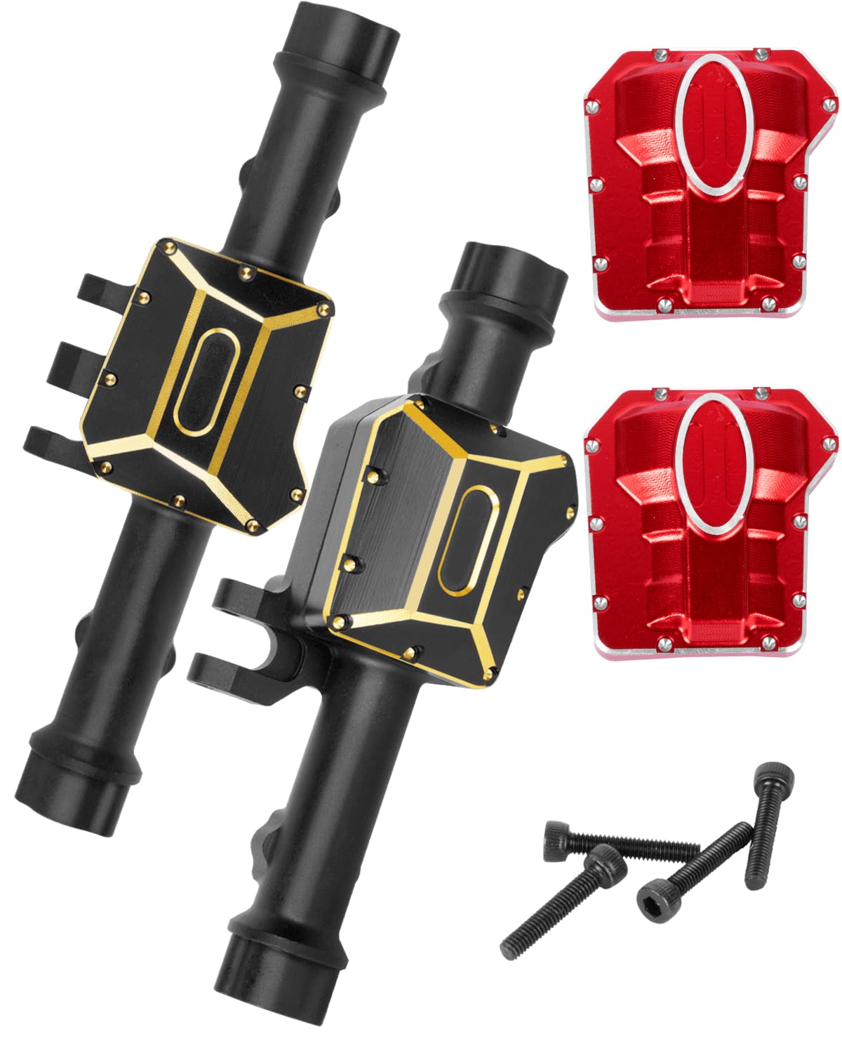 RCHuiWow RC Portal Axles & Diff Covers Upgrades Part for 1/10 TRX4 TRX6 RC Crawler Car,Front & Rear Portal Axle Housing,Heavy Duty Brass Diff Covers(2PCS) w/Red Diff Covers(2PCS),Black