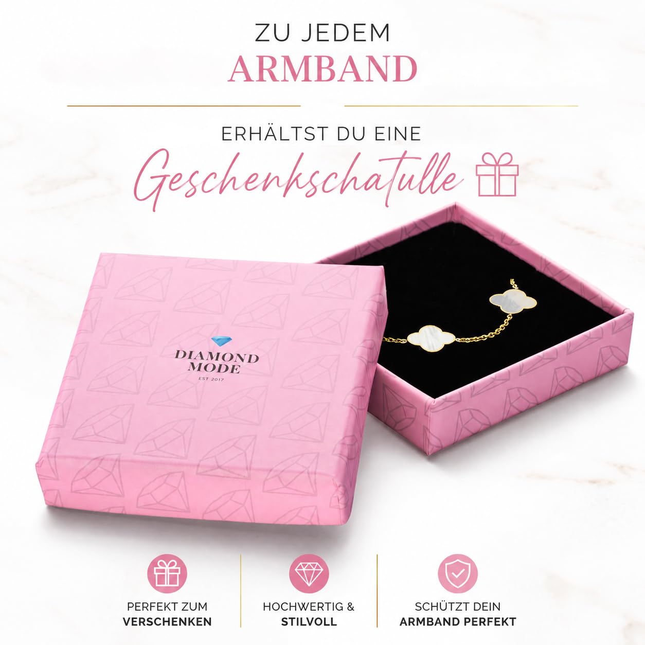 DIAMOND MODE Kleeblatt Armband Damen Gold – Schmuck 18K vergoldet, Clover Perlmutt, Chirurgenstahl 316L, wasserfest, verstellbar 16–20 cm – Geschenk