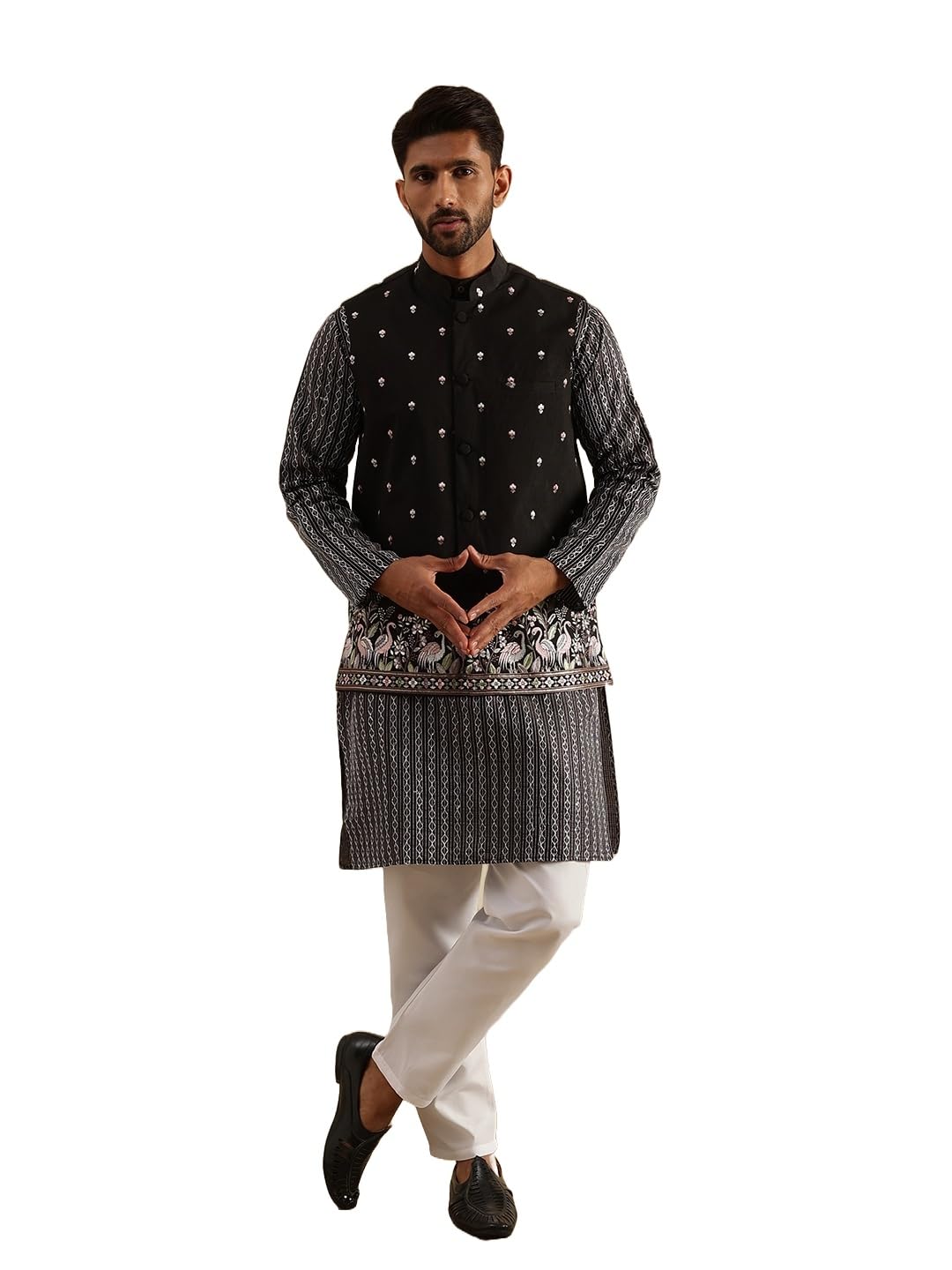 sojanya Men's Silk Blend Black Kurta and White Pyjama With Daman Embroidered Black Nehru Jacket-picture-19