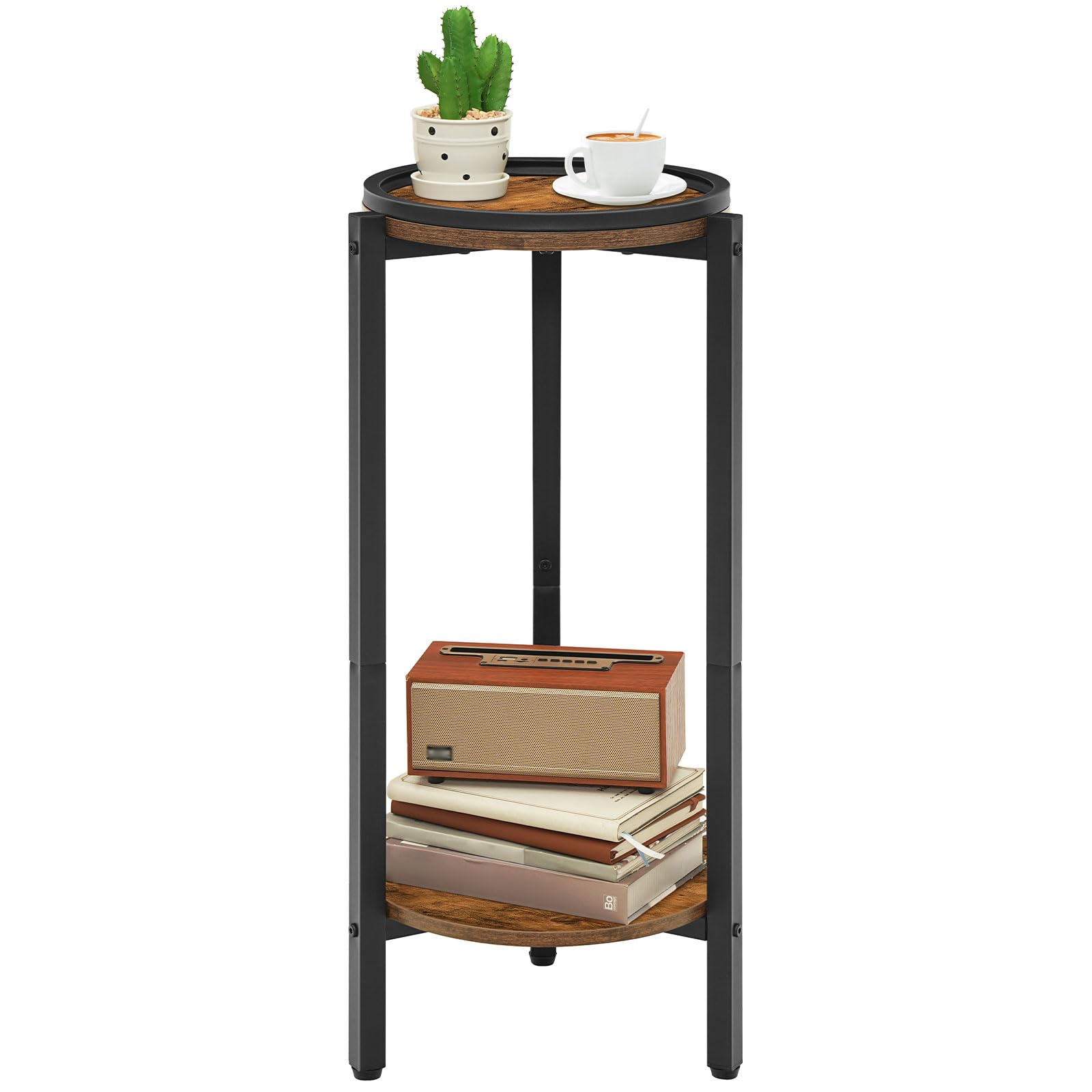 HOOBRO Tall Round Side Table, 2-Tier Sofa Table, Small Bedside Table Telephone Table, Wooden Accent Coffee Table Small Table for Living Room, Hallway, Bedroom, Rustic Brown and Black EBF167BZ01