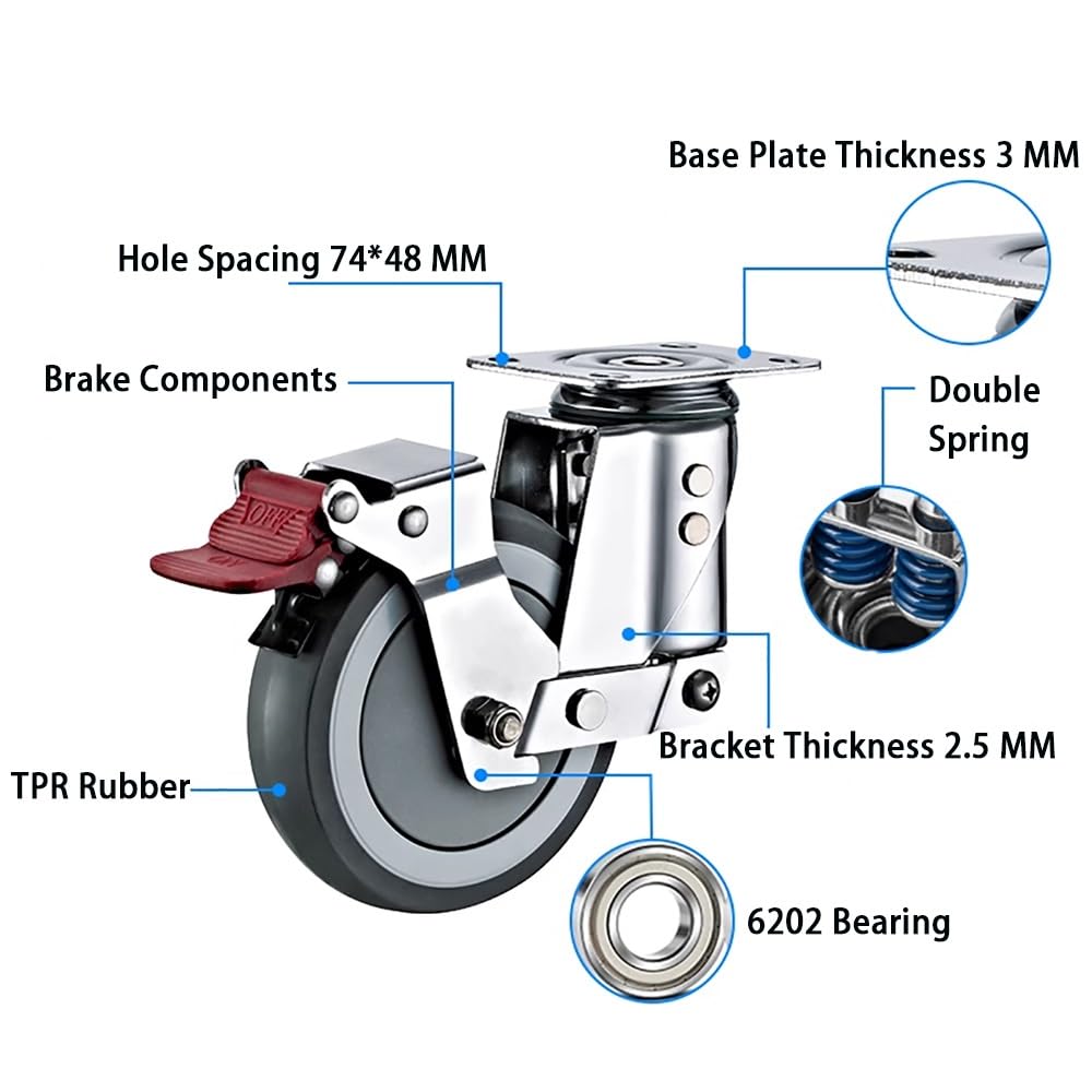 5 Pollice Ruote Pivottanti con Freni, Silenziose Ruote in Gomma TPR, 4 Pezzi Piroettante Piastra Ruote per Banco da Lavoro, Mobiletti(with Brake)