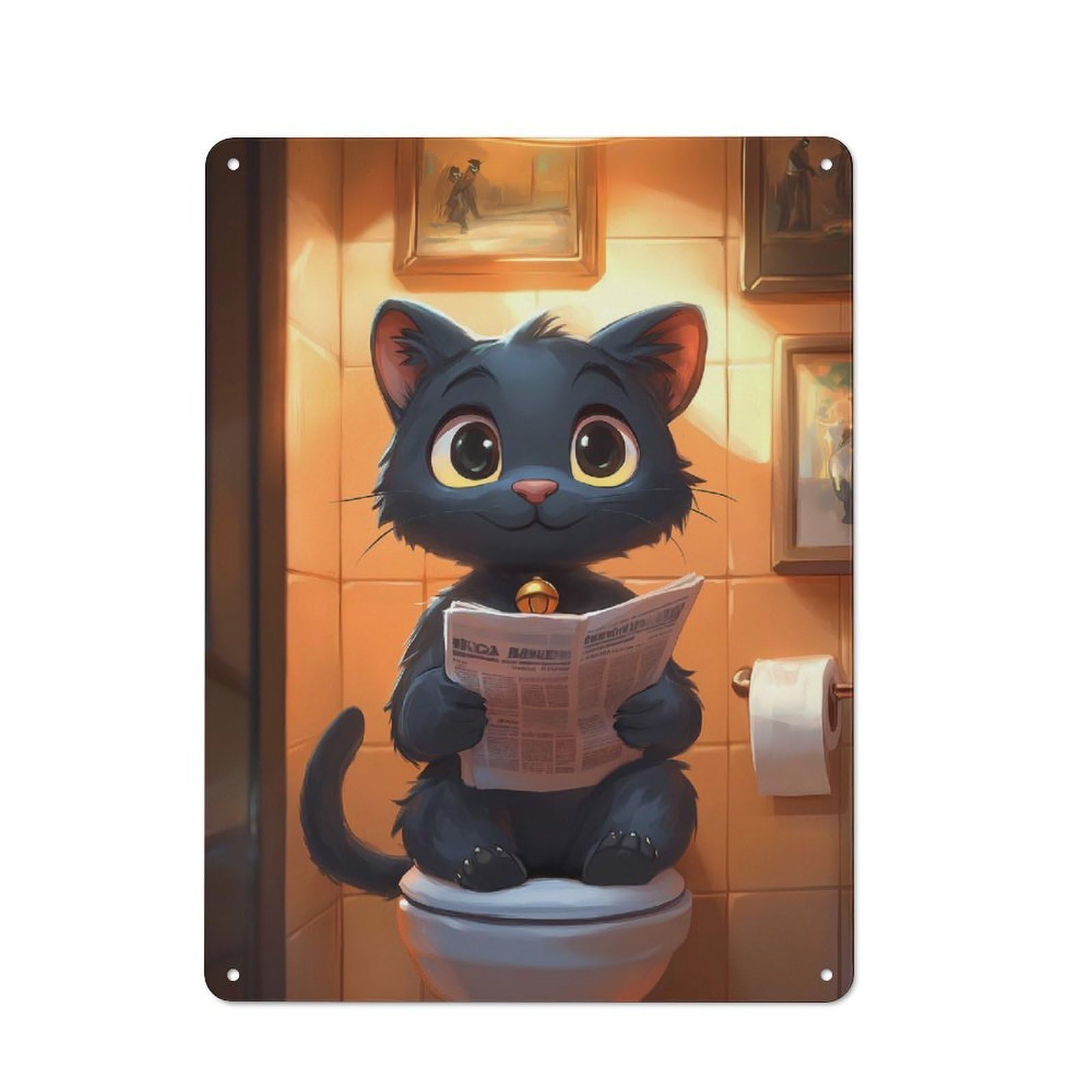 Garage Style Cartoon Cat Reading Newspaper on Toilet Decorative Metal Plaque 40x30cm, Garage Wall Decor for Workshop, Basement, Shed Or Games Room