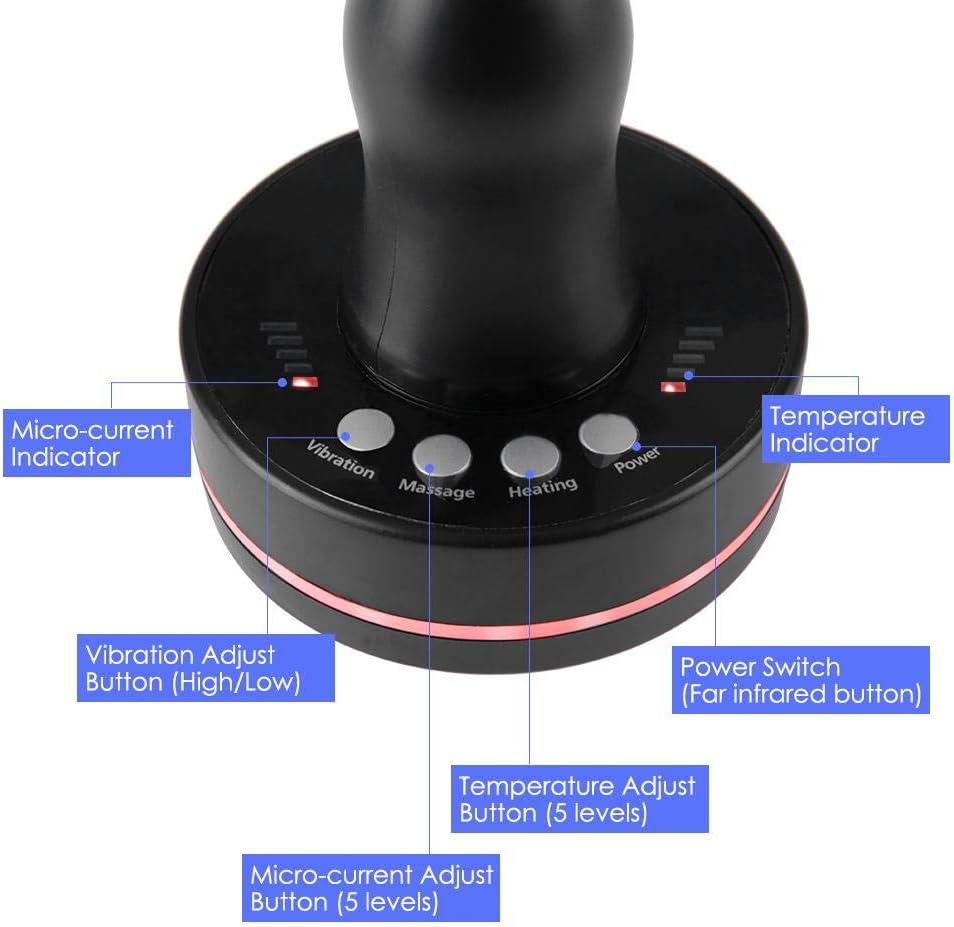 Close-up of the control panel with buttons for Vibration, Massage, Heating, and Power, along with indicators for Micro-current and Temperature