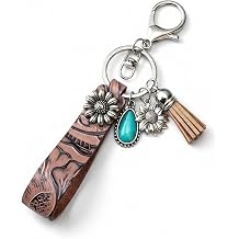 Western Keychain Embossed Turquoise Leather Keychain,Western Keychain Car Keys Purse Handbag Backpack Bag Charms