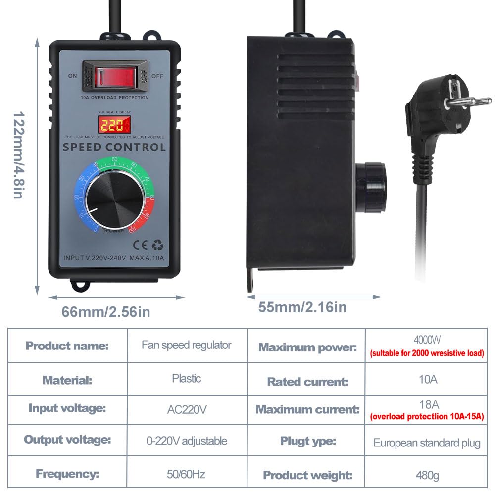Produktbild von Drehzahlregler 230V 10A 4000W – SCR Spannungsregler Mit EU-Stecker, Überlastschutz, Für Winkelschleifer, Bohrer & Lüfter