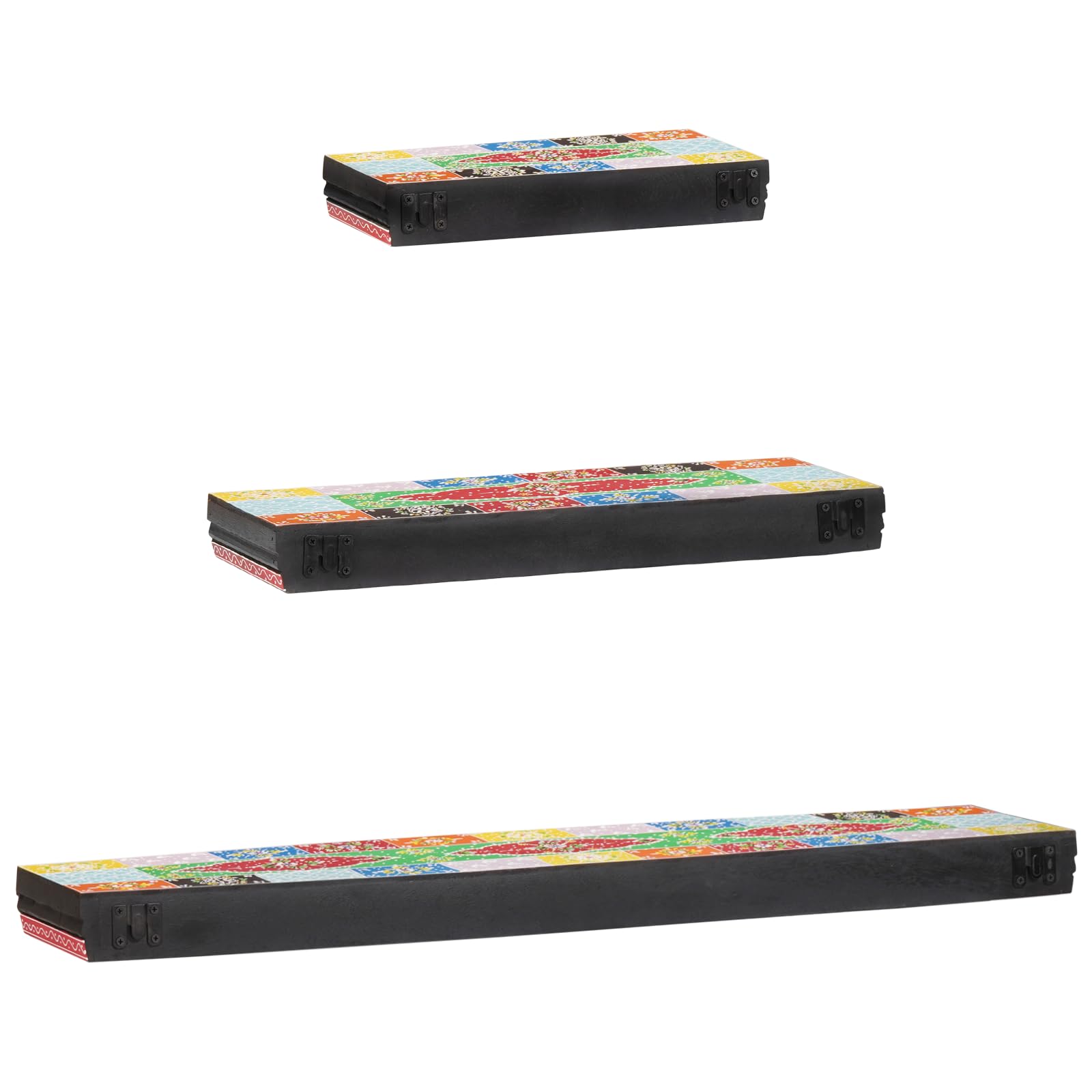 3-teiliges Wandregal Set aus Mangoholz mit Buntem Design 100x20x6 cm Rechteckig für Wohnzimmer Schlafzimmer Deko und Aufbewahrung