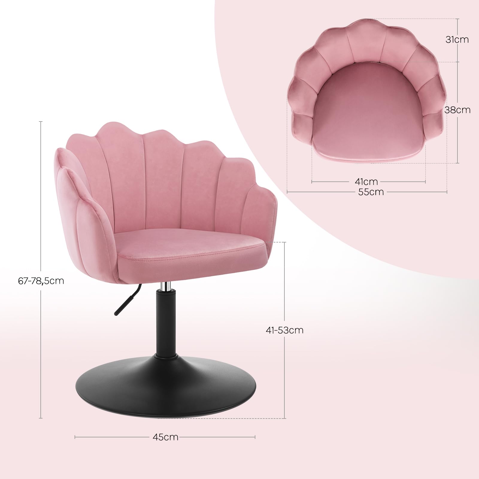 WOLTU Taburete de Tocador con Respaldo Pétalo en Terciopelo, Rosa | Altura Ajustable, Giratorio, para Tocador, Dormitorio, Oficina en Casa y Salón