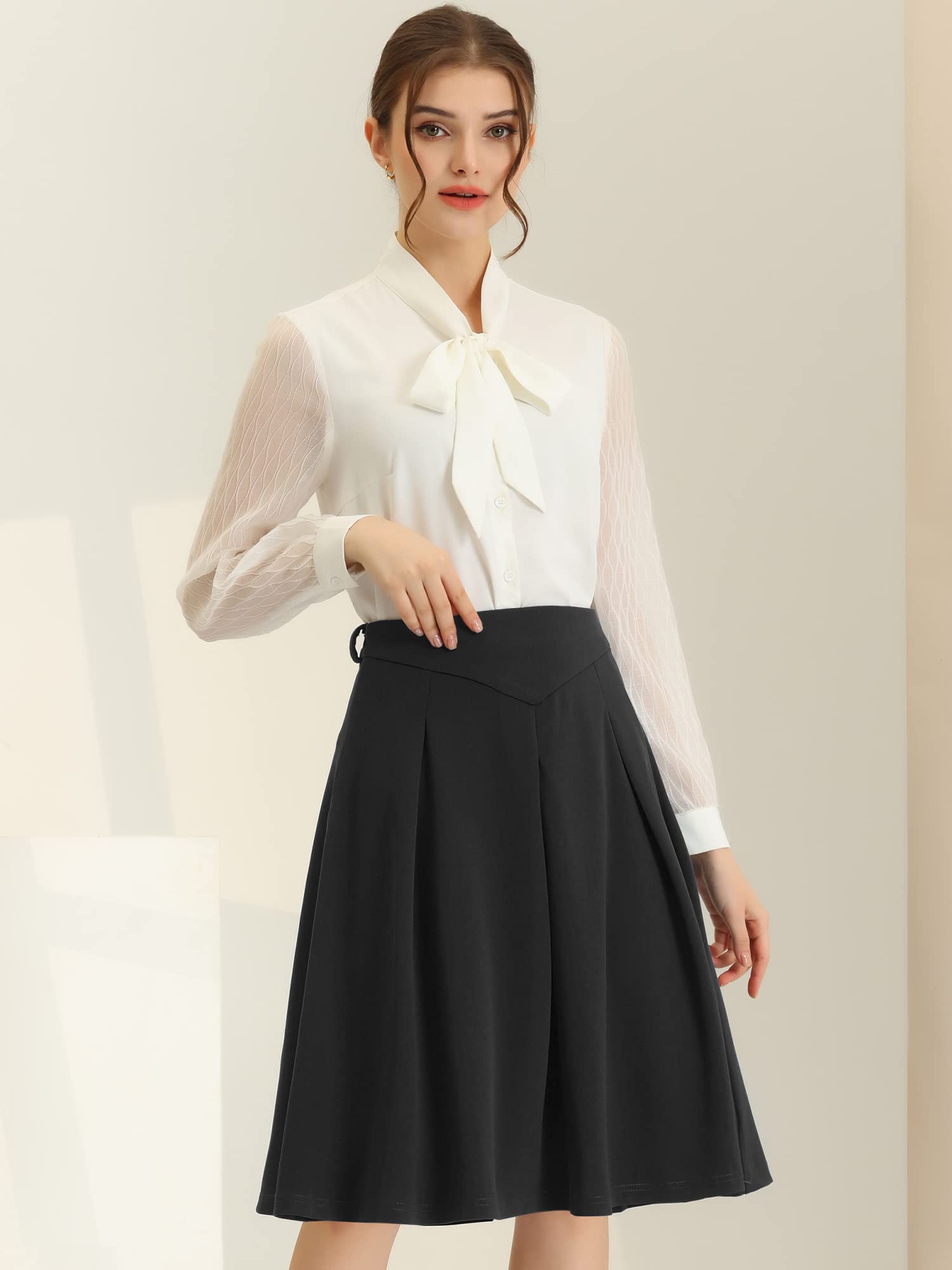 Allegra K Damenrock, Büro, Arbeit, Gürtel, Taille, Midi, A-Linie, Faltenrock