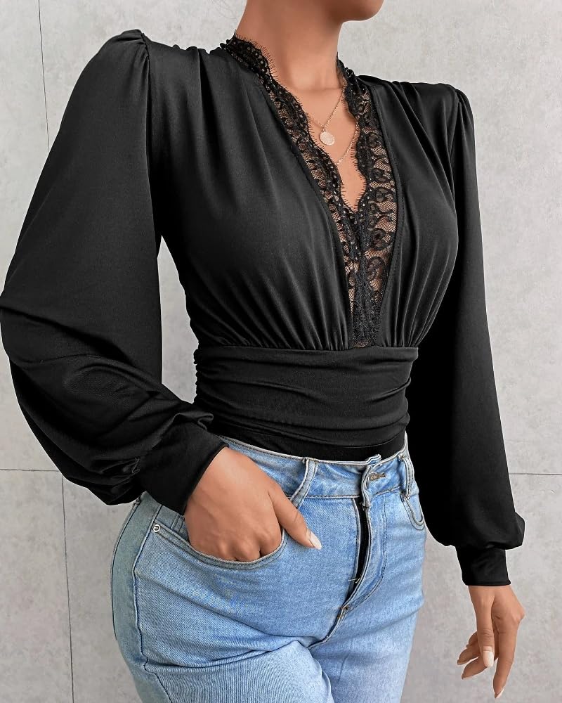 Body para mujer con mangas de encaje, body con cuello en V profundo, ribete de encaje, manga larga, elegante, parte superior de encaje con encaje sin espalda, camiseta de punto elegante, blusa