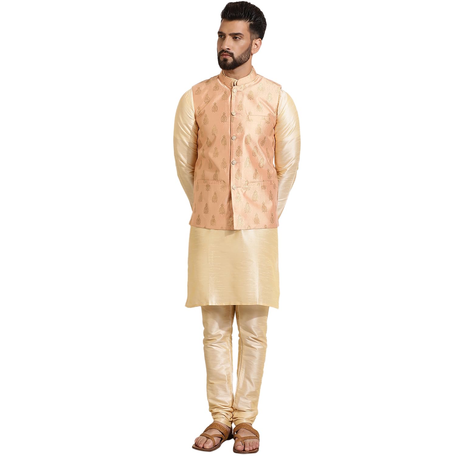 (Since 1958 Men's Silk Blend Kurta Pyjama & Self Design Nehru Jacket Combo-image-42