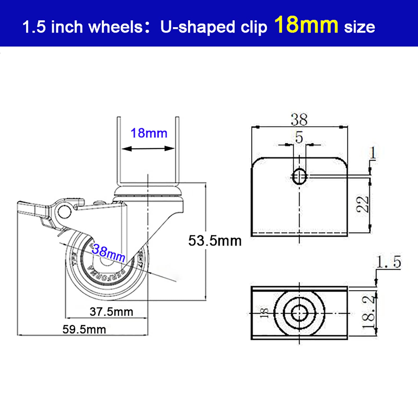 Ciche obrotowe kółko z hamulcem, rozstaw wsporników U (16 mm / 18 mm), kółka nylonowe do mebli/łóżeczka dziecięcego/wózka/skrzynki na zabawki, kółka zamienne/4 kółka z hamulcem/1,5 cala - 18