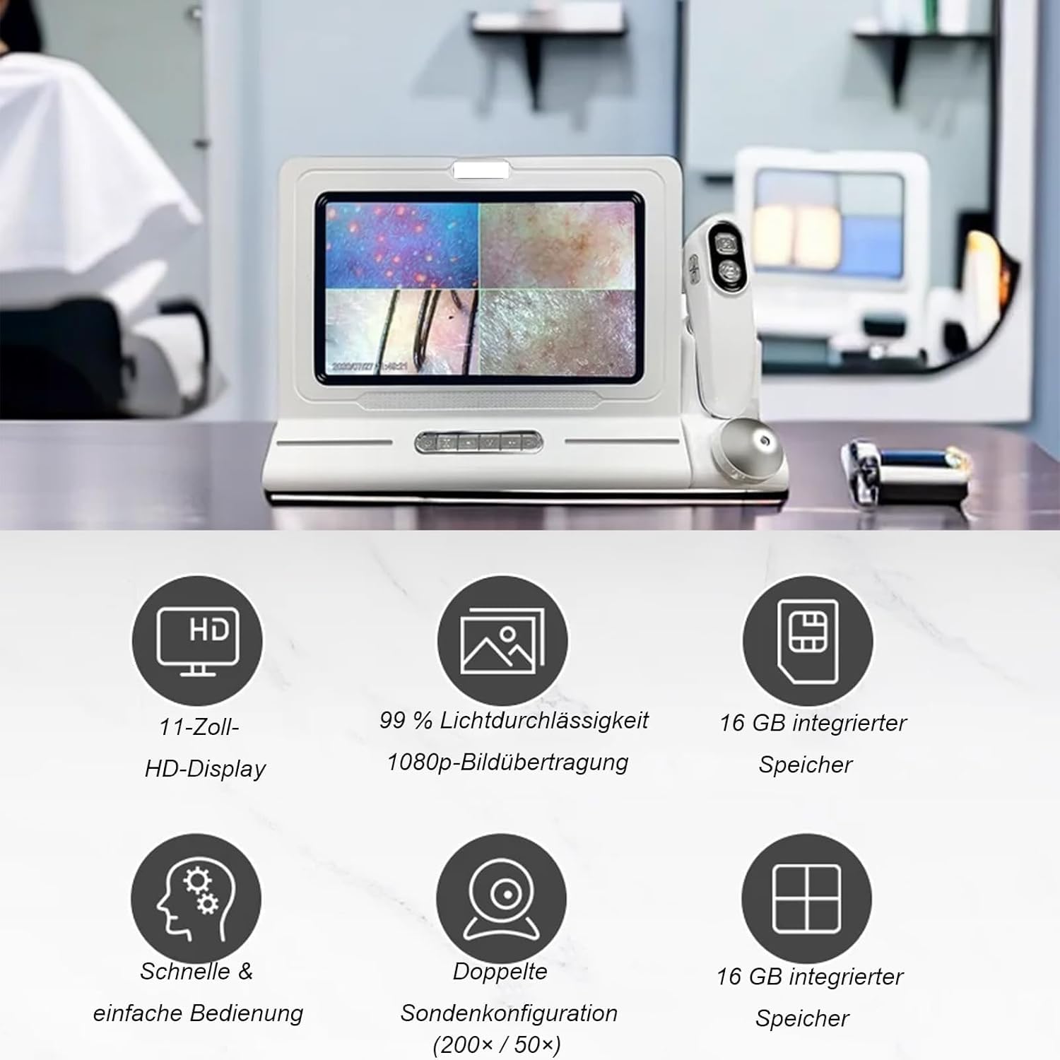 Haut und Kopfhaut Analysegerät 11 Zoll HD Display Haar Kopfhaut Kamera 200x und 50x Vergrösserung UV Licht Polarisationslicht Vier Bilder Vergleich Haarfollikel Detektor Profi Salon Klinik