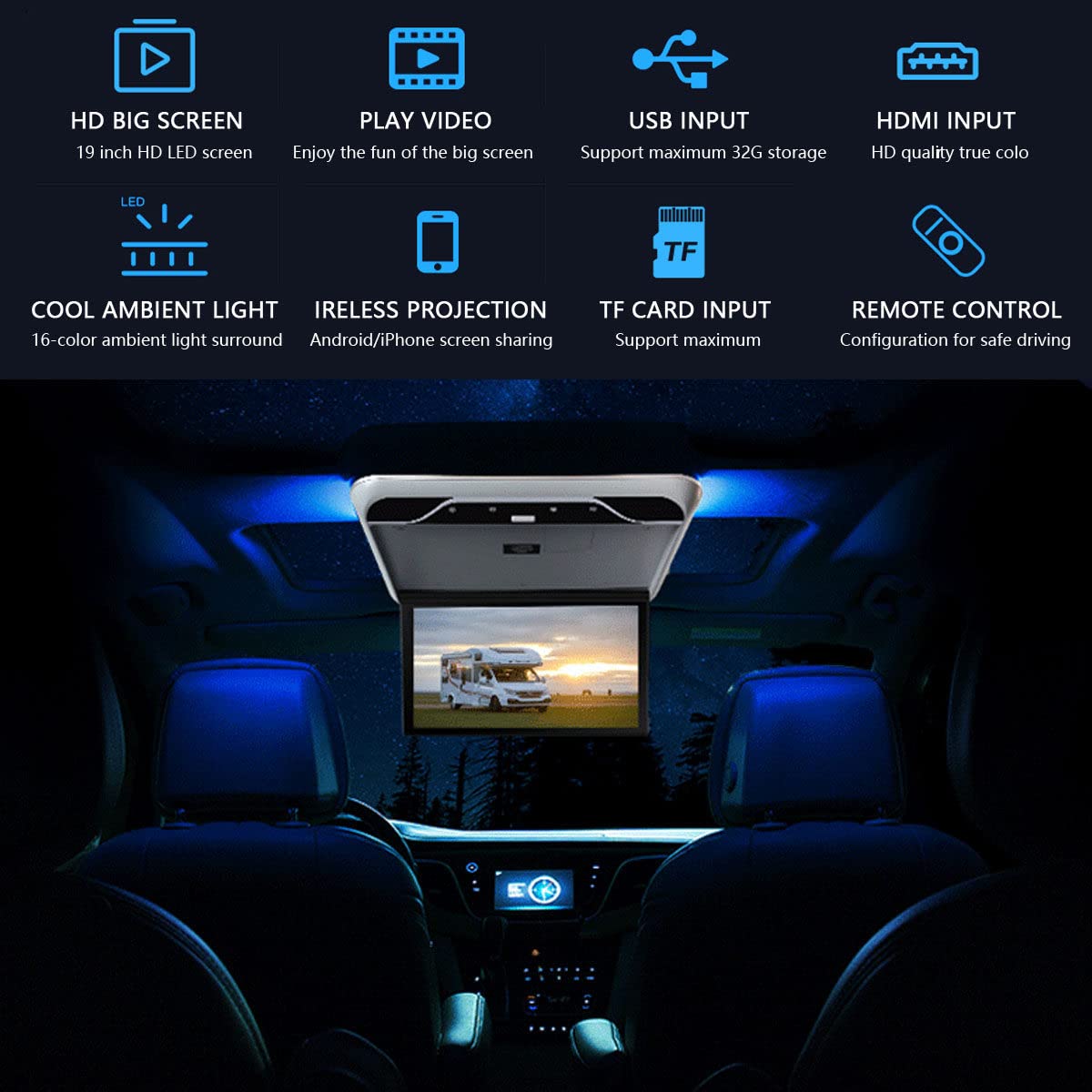 Lecteur Aérien De Voiture 19", Moniteur Monté sur Le Toit De La Voiture, écran 1080p, avec Lumière D'ambiance 16 Couleurs, Moniteur De Voiture Rabattable, HDMI USB IR,Black