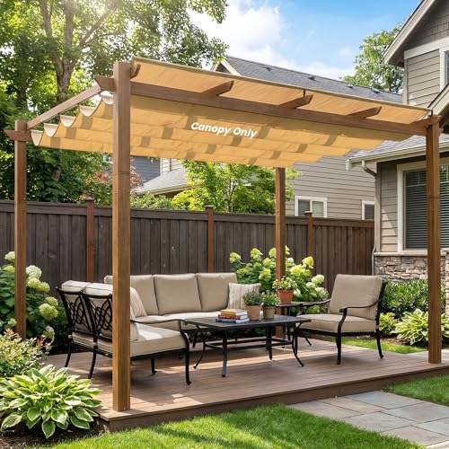 OLILAWN 10 X 12 Outdoor Retractable Pergola Shade Cover UV Protection Sun Shade Waterproof Canopy Replacement for Outdoor Roof Patio Garden Porch Grape Trellis Pergola Khaki