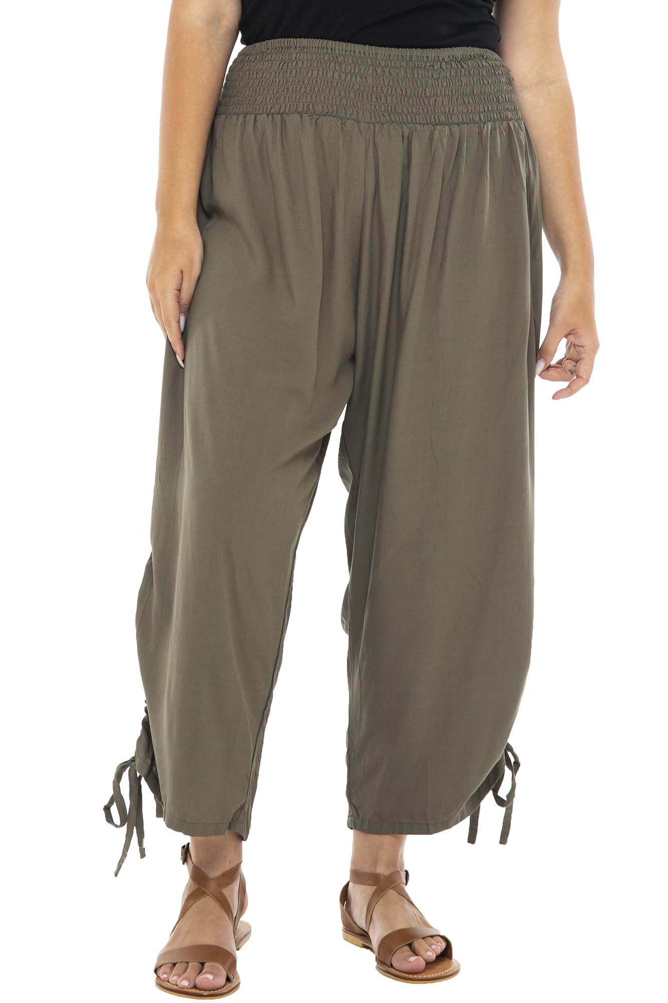 Back From Bali Womens Boho Wide Leg Loose Pants Cropped Rayon Summer Beach Pants Smocked Waist S-4XL