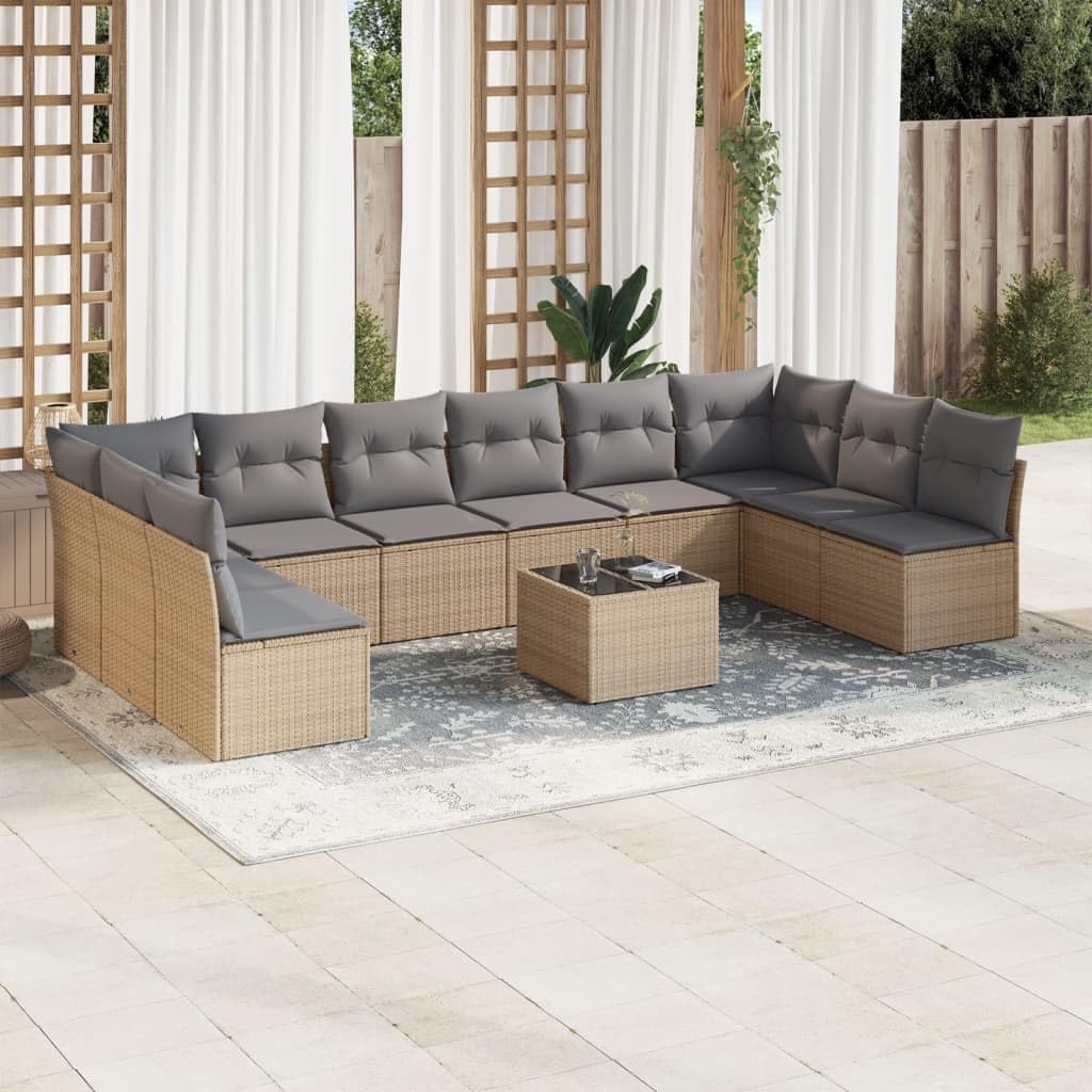 Set lounge da giardino, 344 x 172 x 69 cm, in polyrattan, con ripiano in vetro e vano portaoggetti, design moderno, robusto e durevole, per giardino, terrazza e balcone, colore beige
