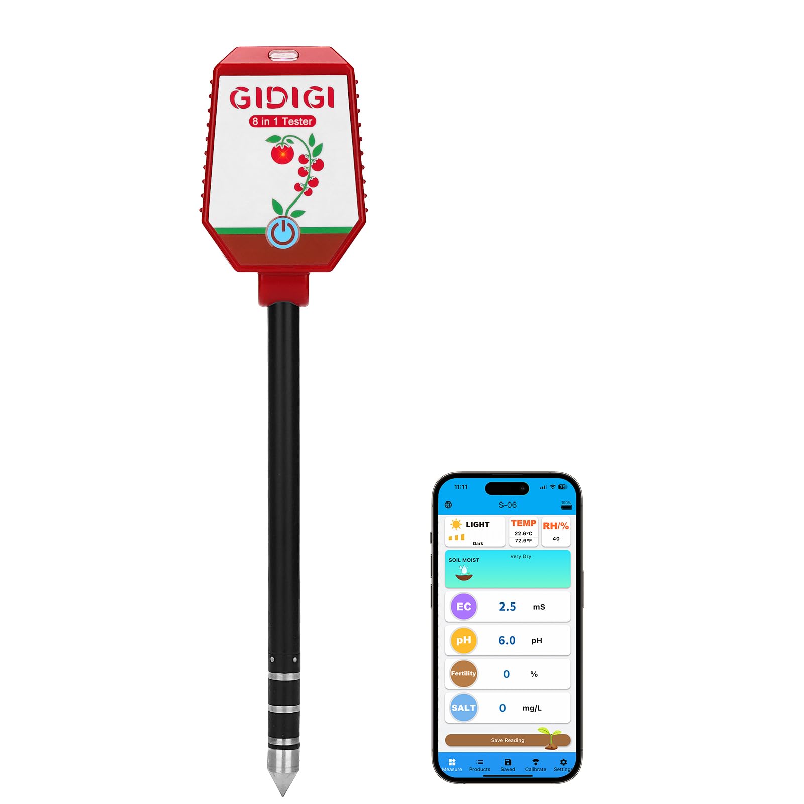 Tester pH umidità per terreno,kit digitale 8 in 1 per il test del terra, monitoraggio pH suolo,intensità della luce solare,fertilità,EC, salinità,temp e umidità per giardino,prato,agricoltura,cortile