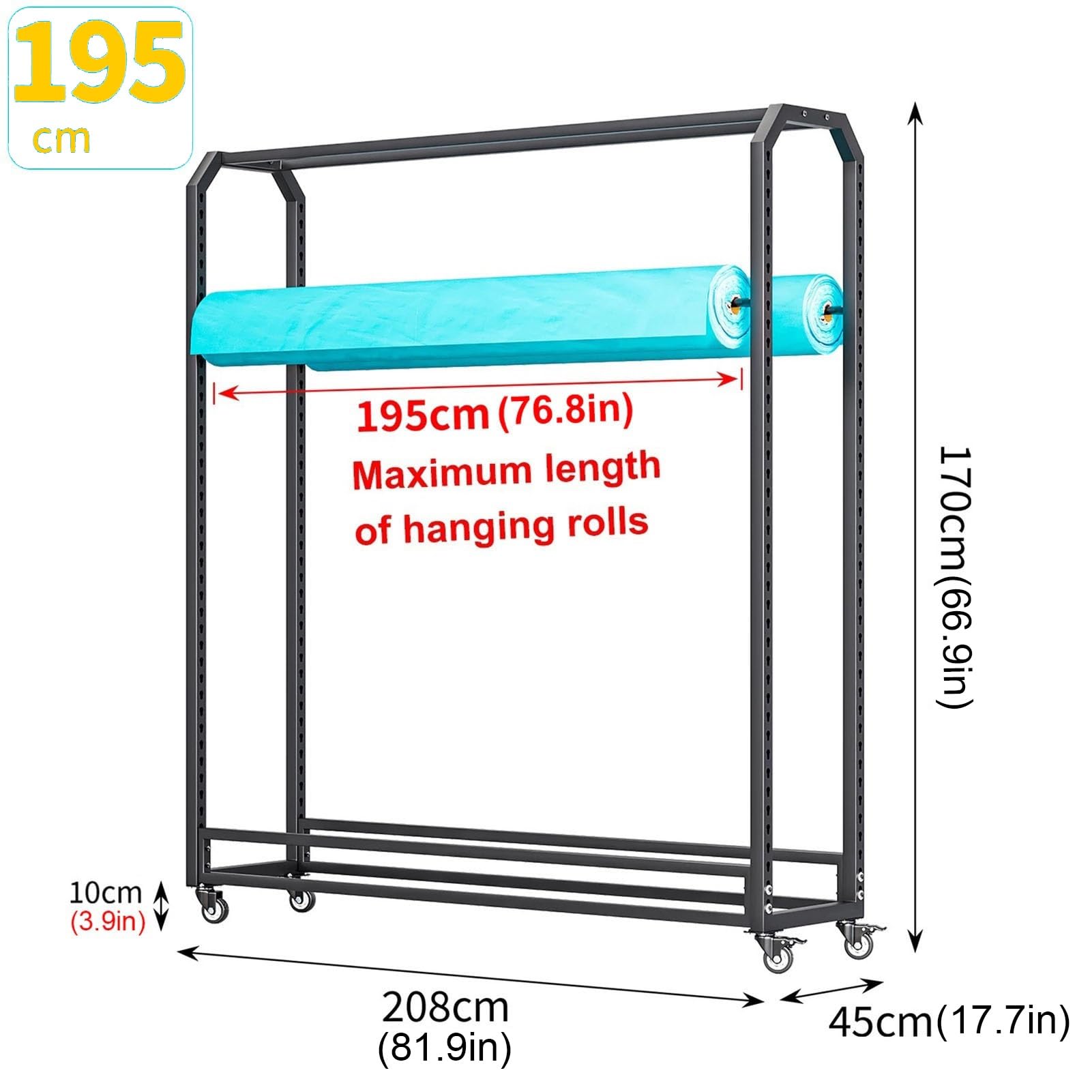 Scaffale regolabile in metallo con ruote, organizer mobile per pellicole per auto, pellicole per finestre, tovaglie e carta da parati, 14 aste, lunghezza 160 cm
