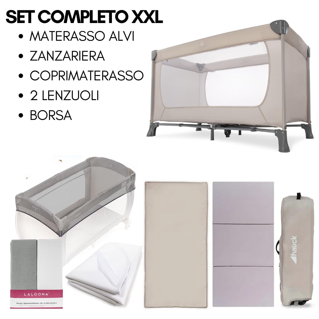 hauck Set Lettino Neonato Da Viaggio Dream N Play XXL con Materasso Comfort - Culla Neonato Pieghevole con Zanzariera, Coprimaterasso, Lenzuolo e Borsa - (Beige)