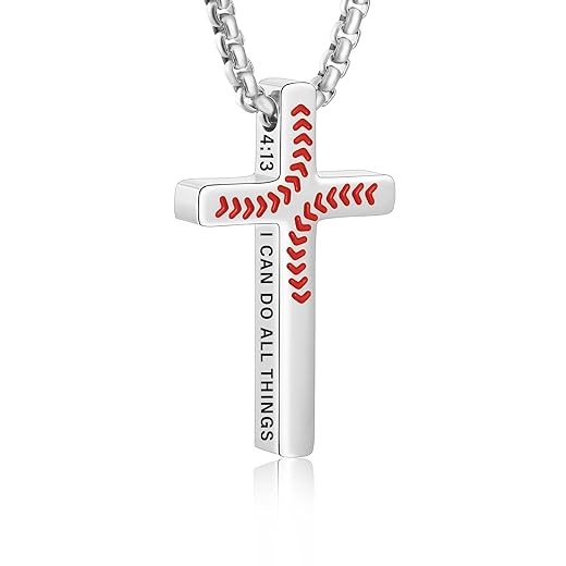 Baseball Bible Verse Cross Necklace for Boys Men, Stainless Steel Cross Pendant Baseball Stocking Stuffers -Christian Religious Jewelry Christmas Gifts for Teen Boys Kids Teens