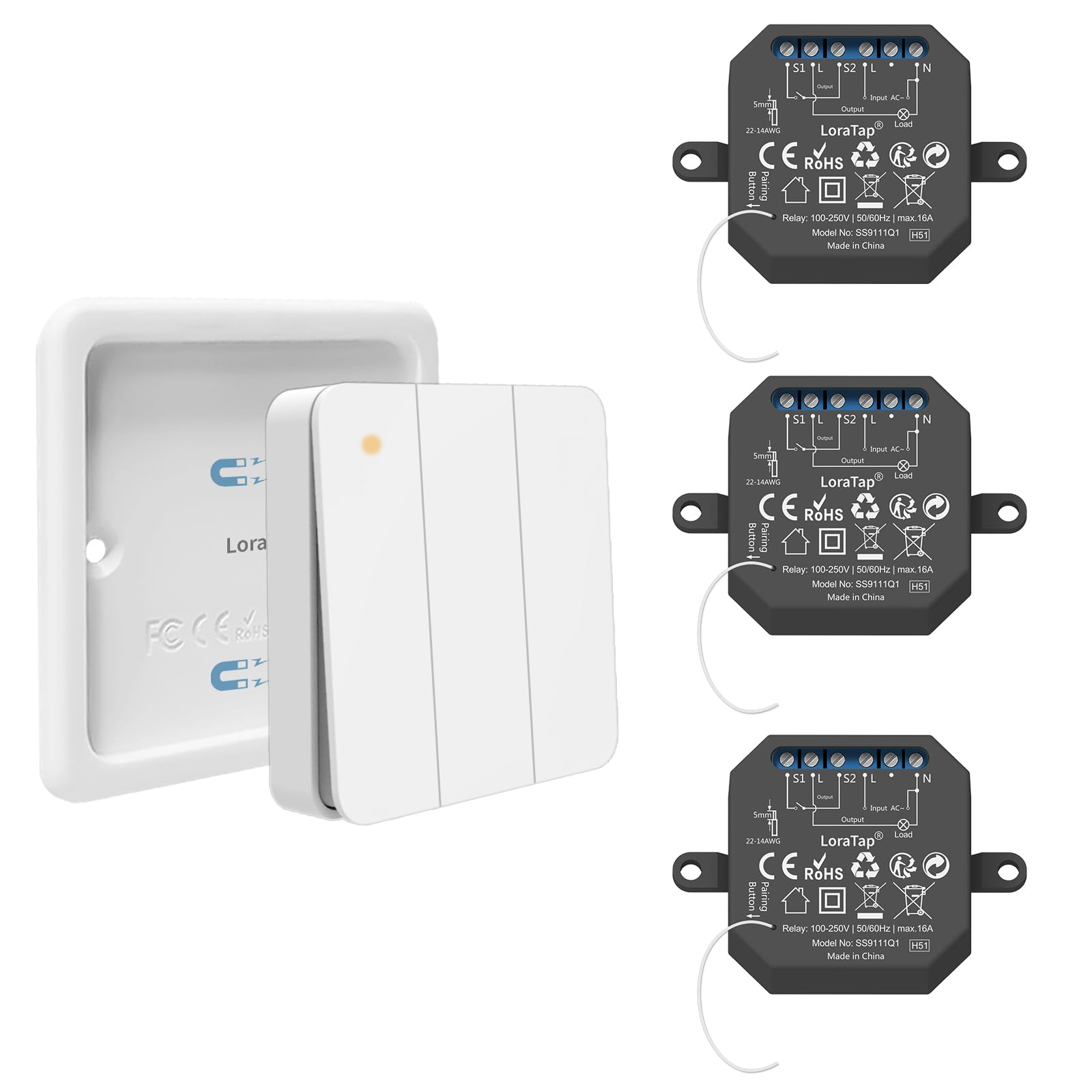 Interruptor de Luz Inalámbrico LoraTap, Mando a Distancia y 3 Receptor de Relé 10A, Interruptor Inalámbrico de Pared a 3 Gang para Lámparas y Electrodomésticos, RF Control Remoto de hasta 200m