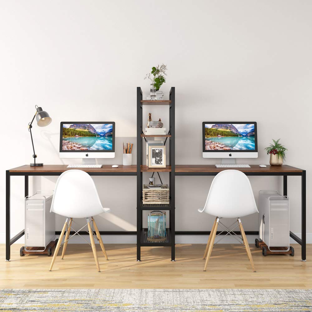 Tribesigns Two Person Computer Desk with Bookshelf, 89 Inches Office Double Desk with 2 CPU