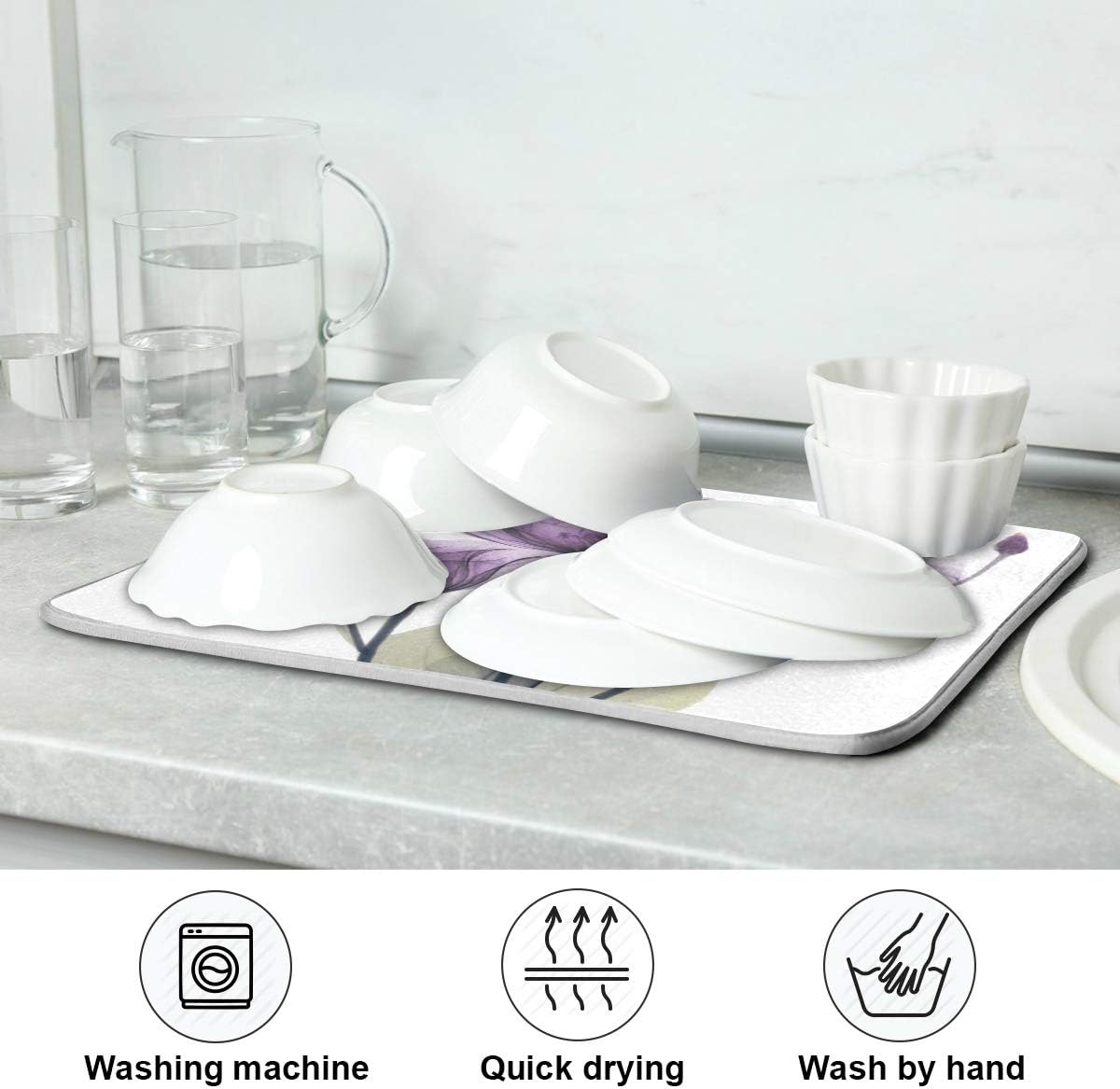 Lavender Hope Flowers Dish Drying Mat for Kitchen, Absorbent Microfiber Drying Pad Dish Mat, 16" X 18"