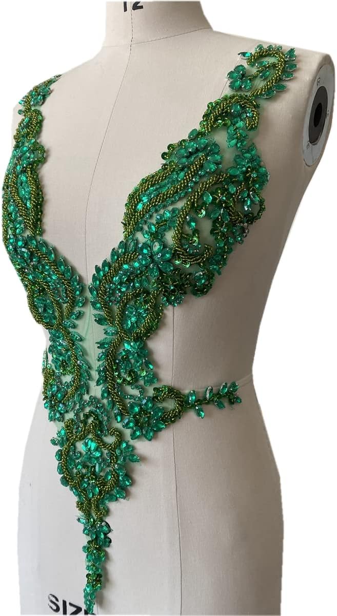 Handmade Rhinestones lace Applique Sewing Beads Crystal Trimming Patches Accessories for Dress Skirt (Green)