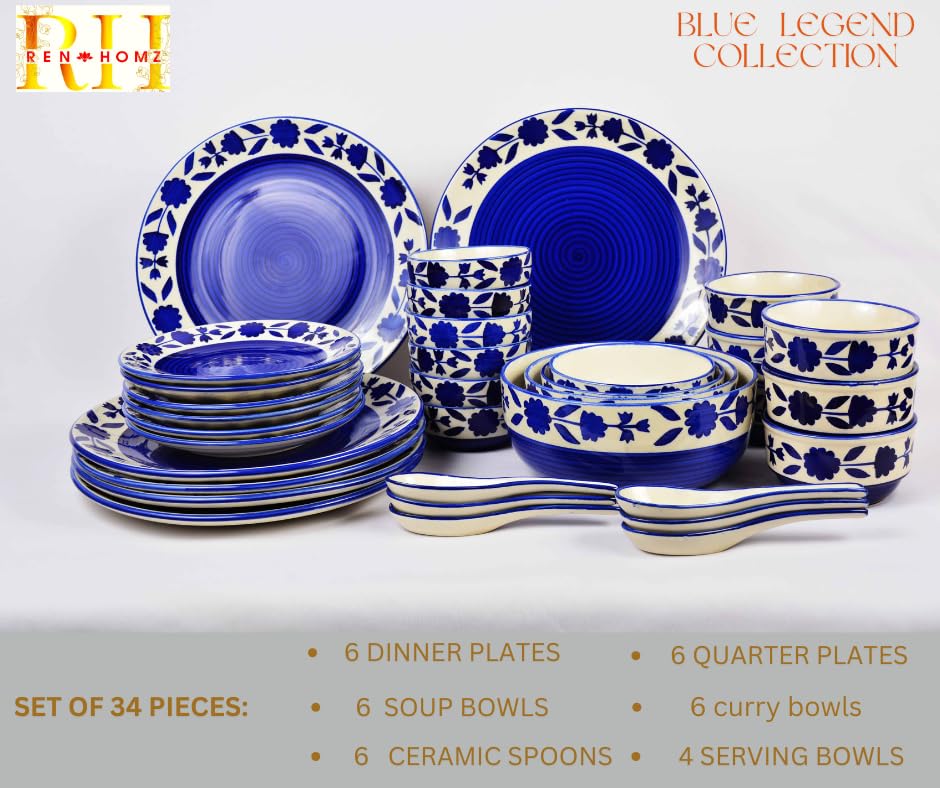 Image of Ceramic Dinner Set of 34 Pieces- Premium Blue Legend Collection | Chipproof Handpainted Stoneware Ceramic Set l | Lead and Cadmium Free,Food Grade Quality (34, Blue Legend)