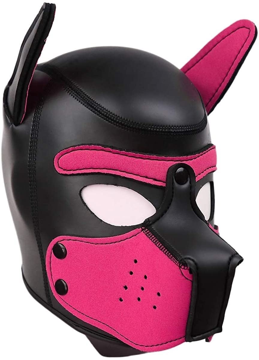 OTEXIFIF Neoprene Puppy Hood Mask, Removable Cosplay Dog Full Face Pup Hood Mask, Halloween Mask (Pink, Large)