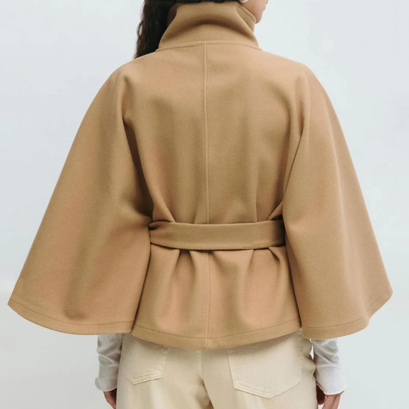 Mantella da donna con cintura, poncho a tinta unita, con bottoni anteriori, manica a pipistrello, scialle a collo alto, avvolgente, invernale, elegante, capispalla