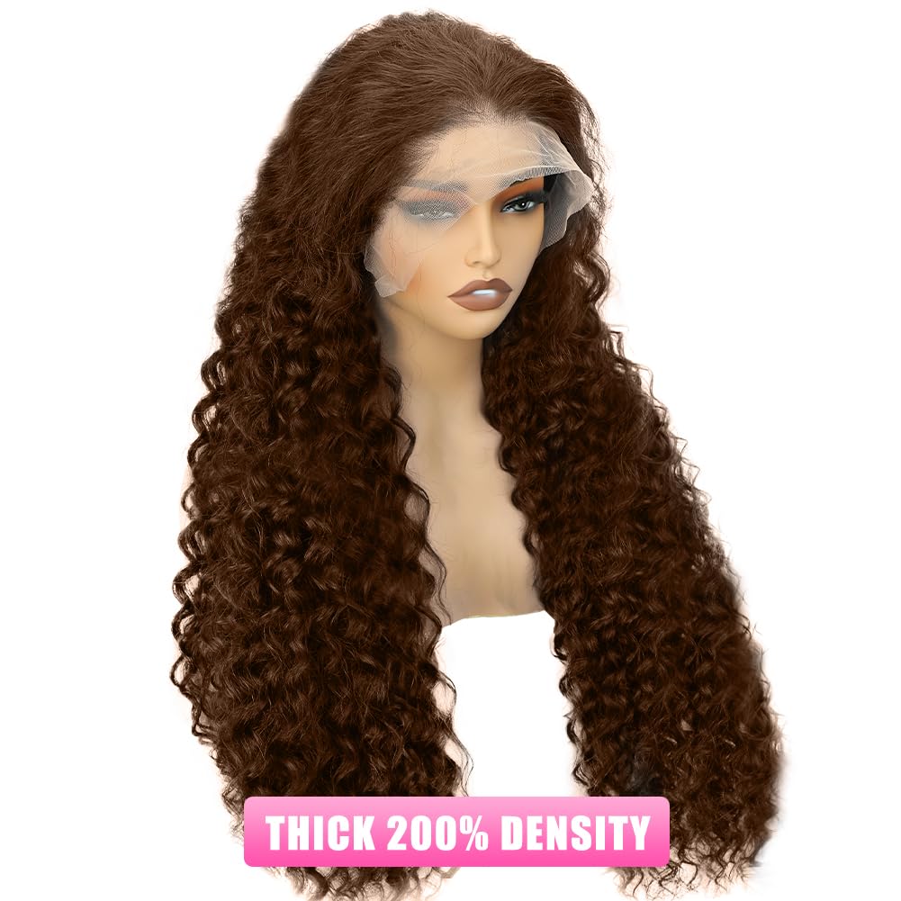 Chocolate Brown Lace Front Wig 200 Density 24 Inch 13x6 Deep Wave Lace Front Human Hair Pre Plucked Brown Curly HD Glueless Wig - Image 2