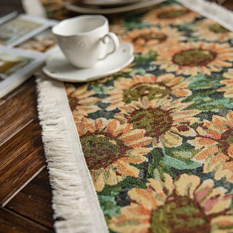 Drapeau de table jacquard tournesol avec gland 240x30 cm pour meuble - 5