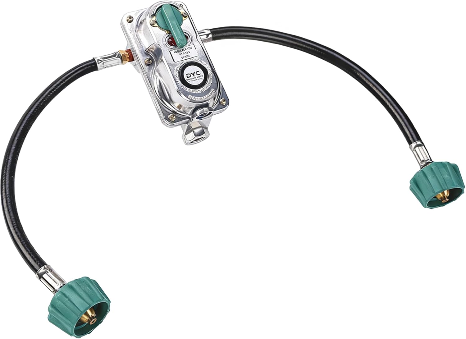 DYC RV 2-Stage Auto Changeover Propane Regulator with 12" Pigtail Hoses, 250 PSI, 287,500 BTU, Bracket & Cover for Travel Trailers, Campers, Vans