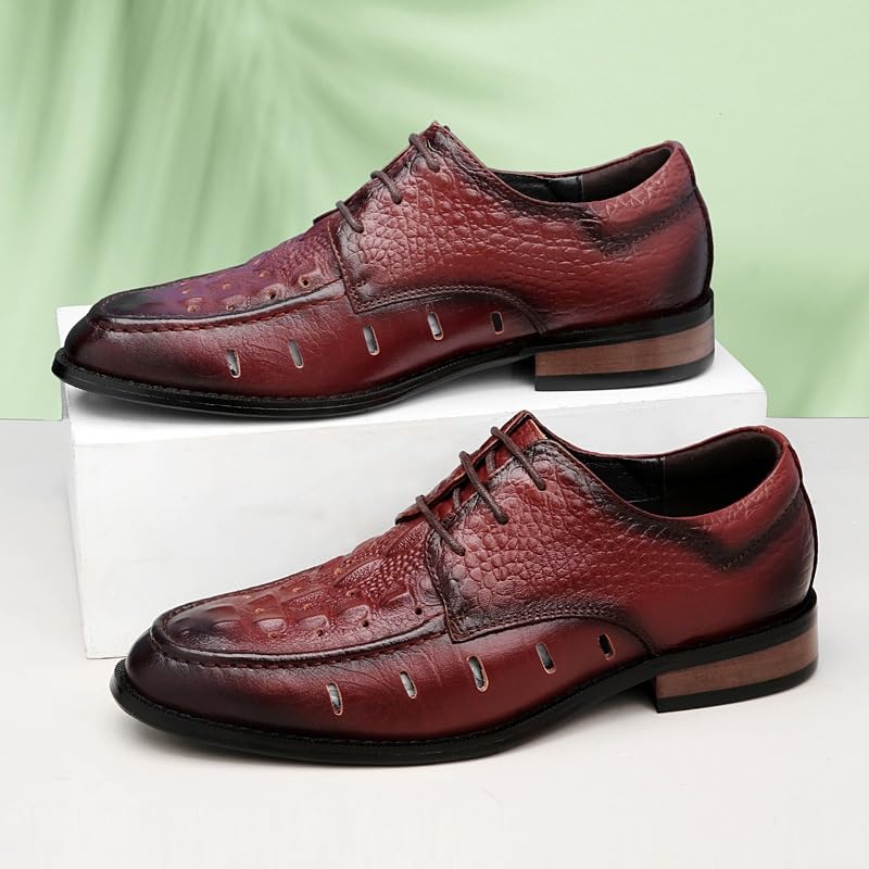 HOOENG Dress Shoes for Men Lace Up Round Burnished Toe Genuine Leather Crocodile Print Derby Shoes Anti-Slip Slip Resistant Block Heel Classic(Color:Brown Hollow Out,Size:11.5)4