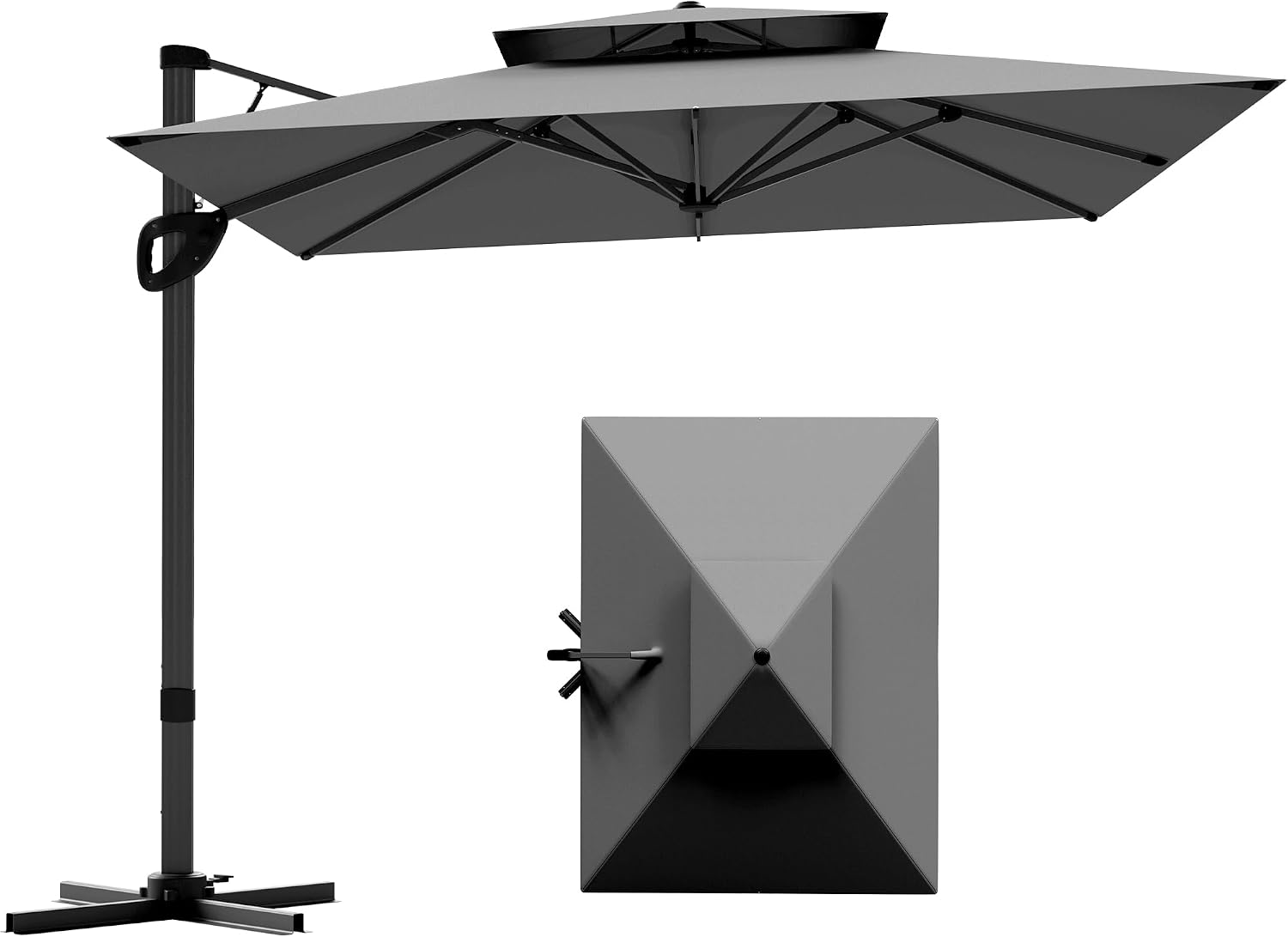 10'x13'Cantilever Patio Umbrella with Hydraulic Lift&360°Rotation, Grey
