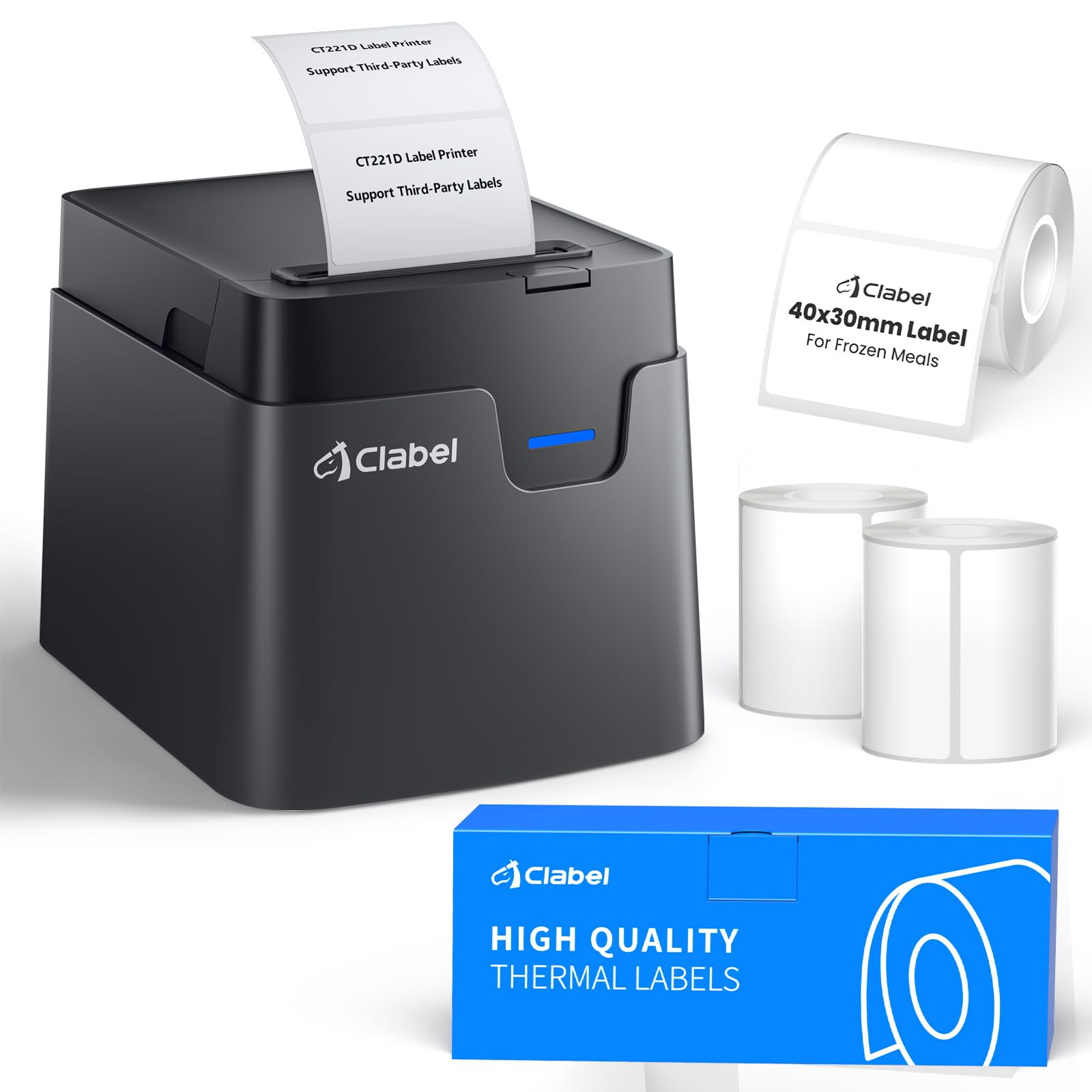 CLABEL 221D Stampante Etichette Bluetooth Set per Congelamento 3x Rotoli 40x30mm per Congelatore & 1x Standard, Etichettatrice Termica Adesiva per Freezer Alimenti e Logistica Catena del Freddo Cucina