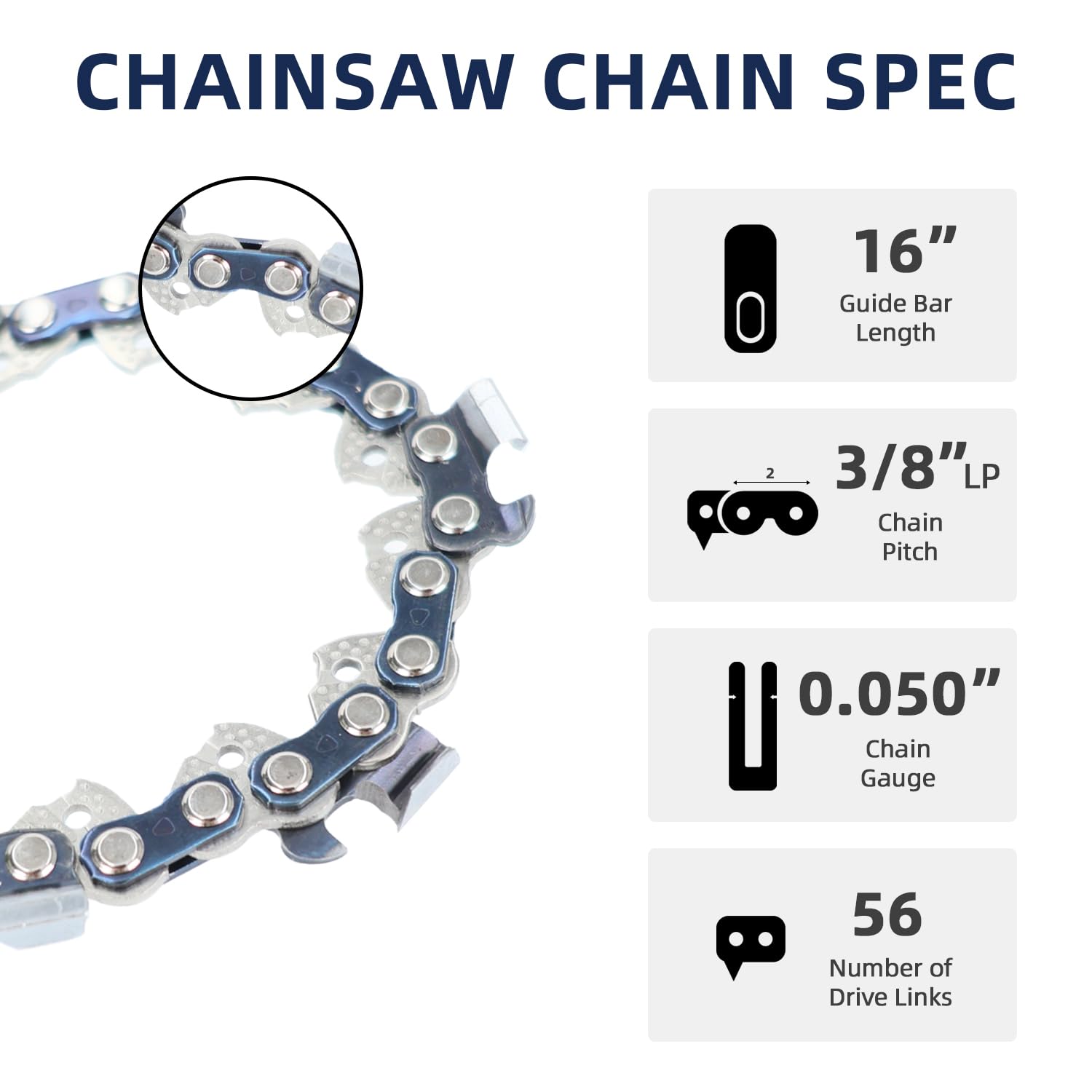 Cadenas de motosierra (3 unidades, 40,6 cm, 3/8 LP 0,050 pulgadas), 56 eslabones para Echo, Homelite, Poulan, Remington, Greenworks)