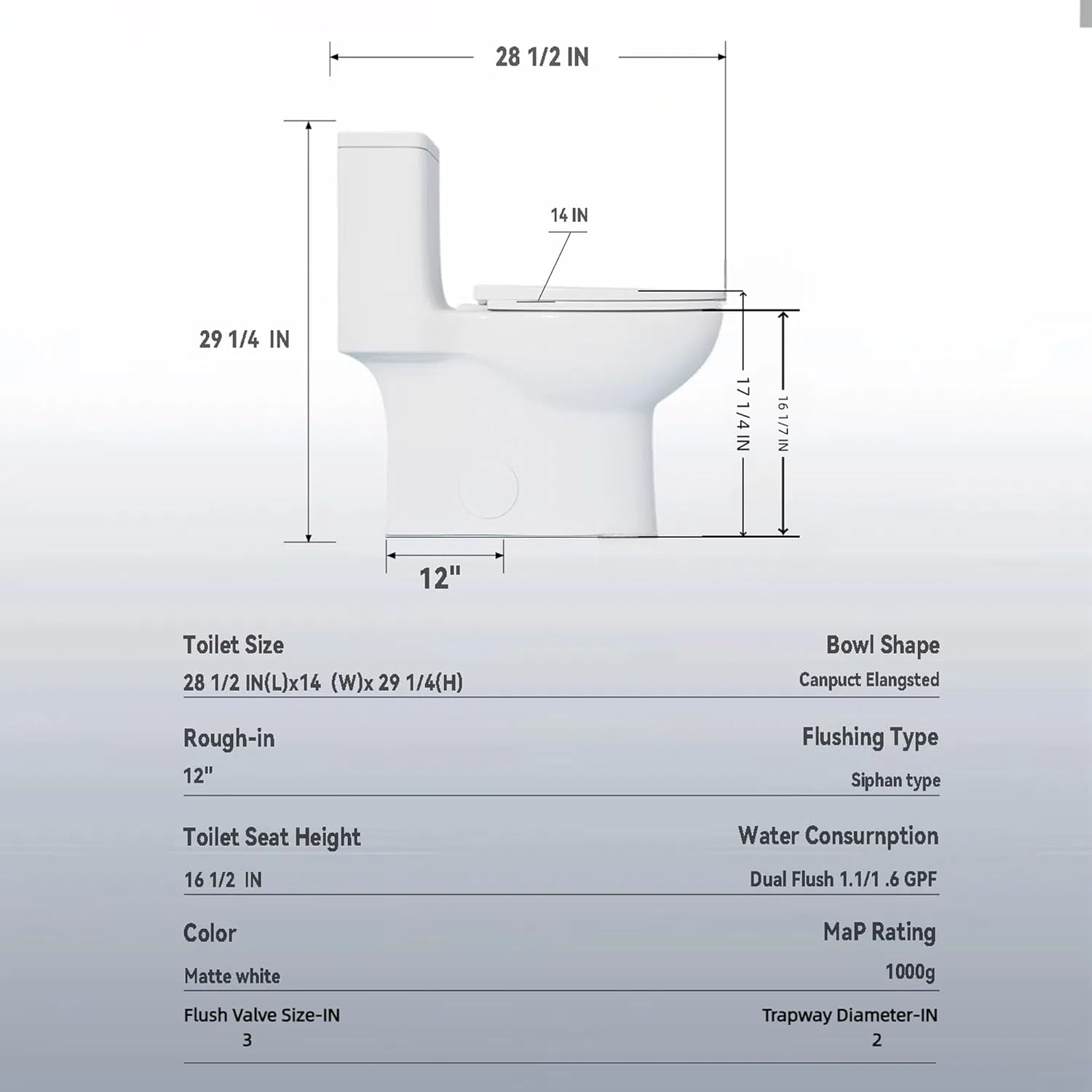 Dual Flush One Piece Toilets for Bathrooms, Compact Black Toilet Elongated with Soft Closing Seat, Modern 12 Inch Rough in Toilet, Map 1000g, Comfort Height, Silent Design, Space-Saving