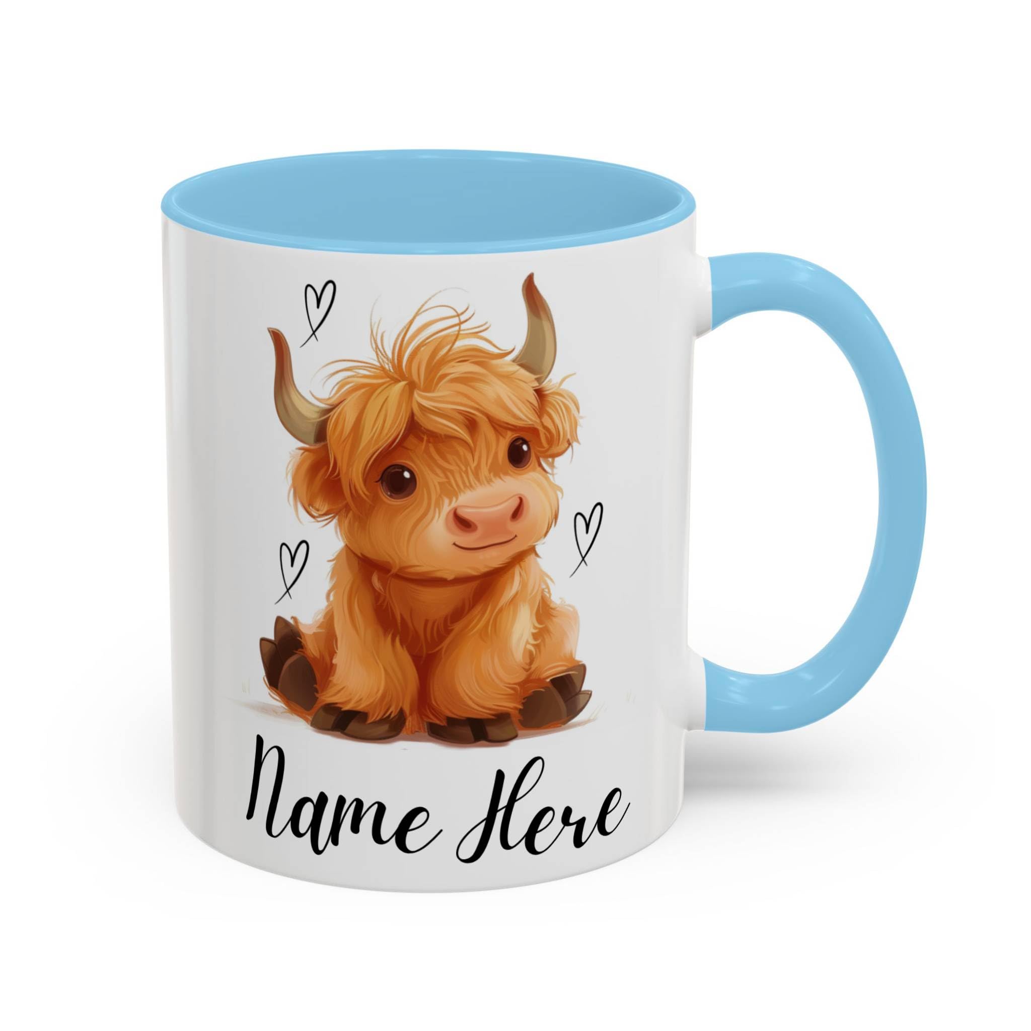 Personalised Highland Cow Mug Custom Name, Cute Cow Mug Gift for Her, Girlfriend, Daughter, Highland Cow Coffee Cup, Unique Personalised Gift (Light Blue 11oz, Mug)