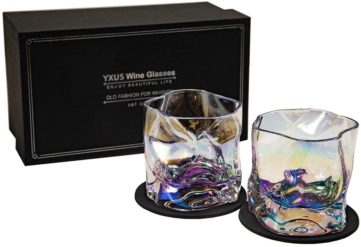 Old Fashioned Whiskey Glasses Set of 2, 10oz Colorful Rock Glasses with 2 Coasters, Couple Whiskey Tumbler Set, Cool Design Cocktail Bourbon Scotch and Perfect Whiskey Glasses Gifts for Men