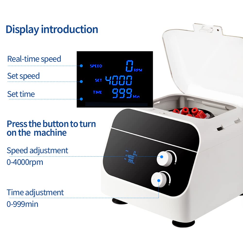 Centrifugadora de Laboratorio, Máquina centrífuga，Centrífuga Digital LCD de 0 a 4000 rpm de baja velocidad Eléctrica Inteligente,Temporizador 0-60min, Suero Aislado (8 agujeros)