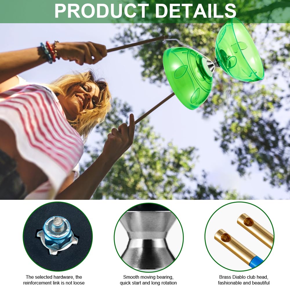 Diabolo Freiläufer mit kugellager Dreifache Lagerung Set, Diabolo Leuchtend im Dunkeln mit Ersatzseil 10m, Stange, Netzbeutel, Diabolomit Kugellager, Geschenk für Anfänger (Leuchtendes Grün)