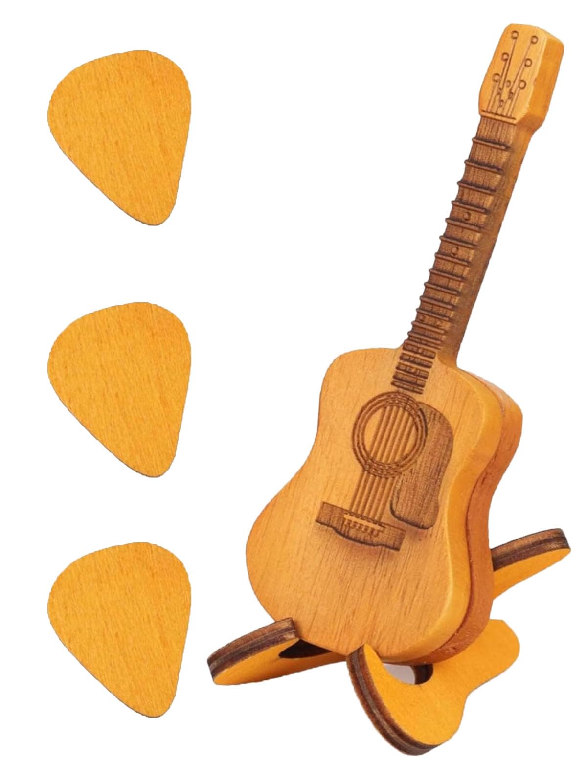 Wooden Guitar Pick Holder,3 PCS Cool Guitar Picks Case with Stand,Mini Engraved Wooden Acoustic Guitar Storage Box,Great Gift for Guitarists,Electric