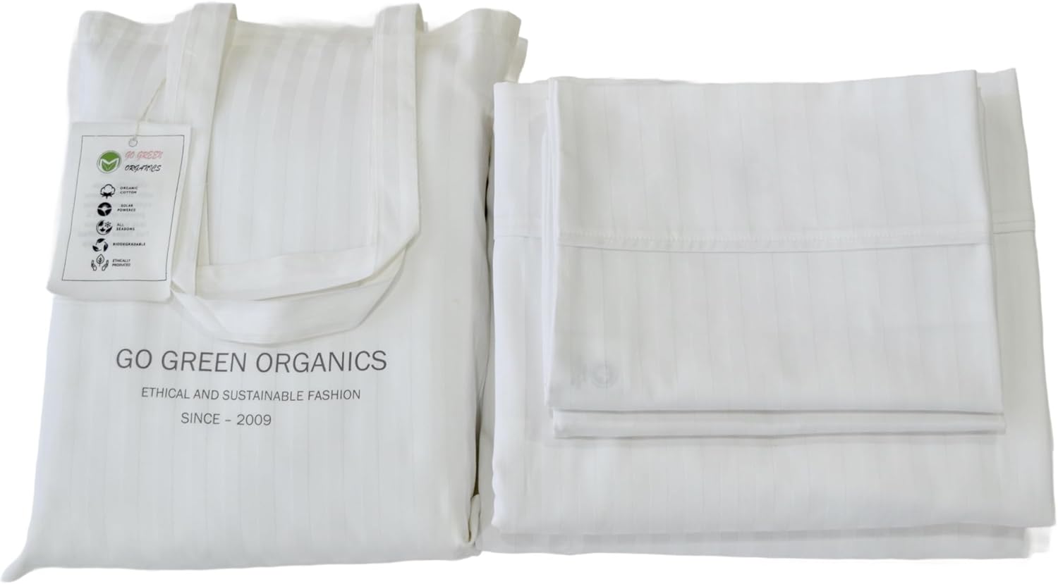 Organic Cotton Comfortable and Soft Sateen Stripe Bed Sheet Set - Luxury Hotel Quality - GOTS Certified - White - Deep Pocket - Easy Care - King